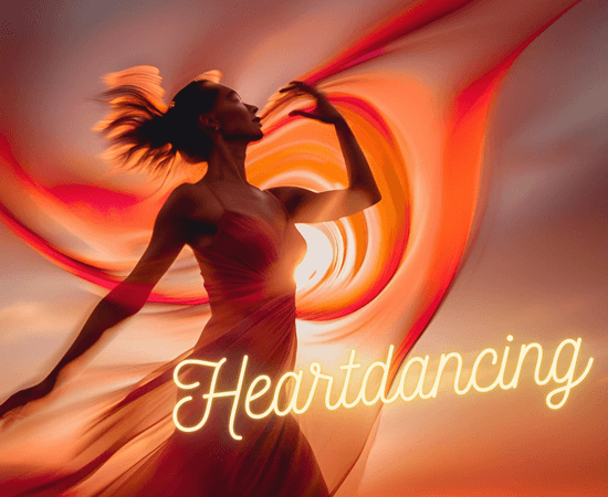 Vrouw in rode jurk danst vrij en expressief met een vurige hartenergie op de achtergrond – Heartdancing workshop