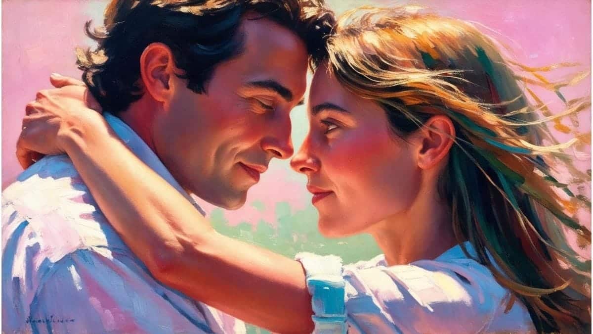 Je relatie als Je relatie als spiegel - koppel kijkt elkaar liefdevol aan als symbool voor verbinding en bewustzijn in de relatie.