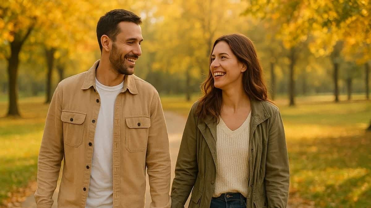 September – een frisse start voor je relatie Koppel wandelt hand in hand door een nazomer park met herfstkleuren - september als een frisse start voor je relatie.