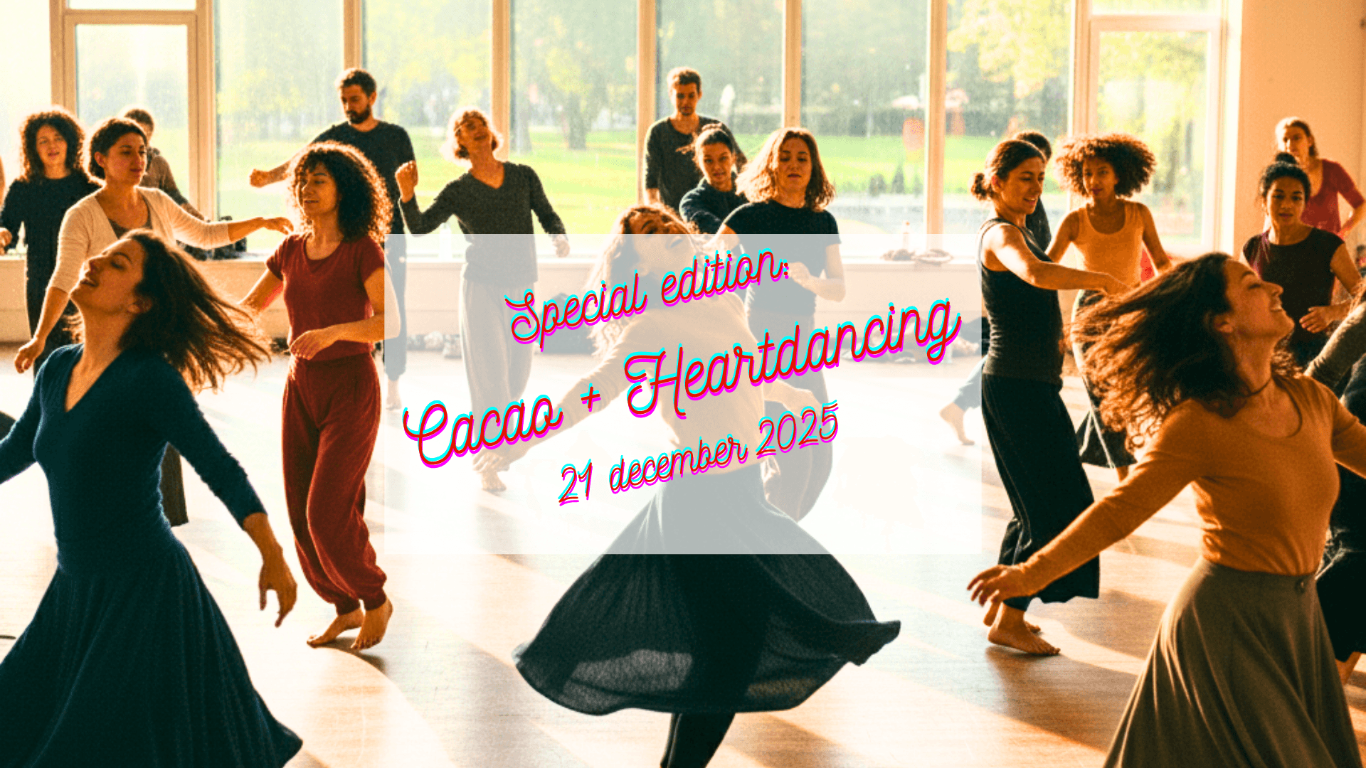 Dansende deelnemers tijdens de Cacao + Heartdancing workshop op 21 december 2025 – heartdancing workshop voor verbinding en expressie