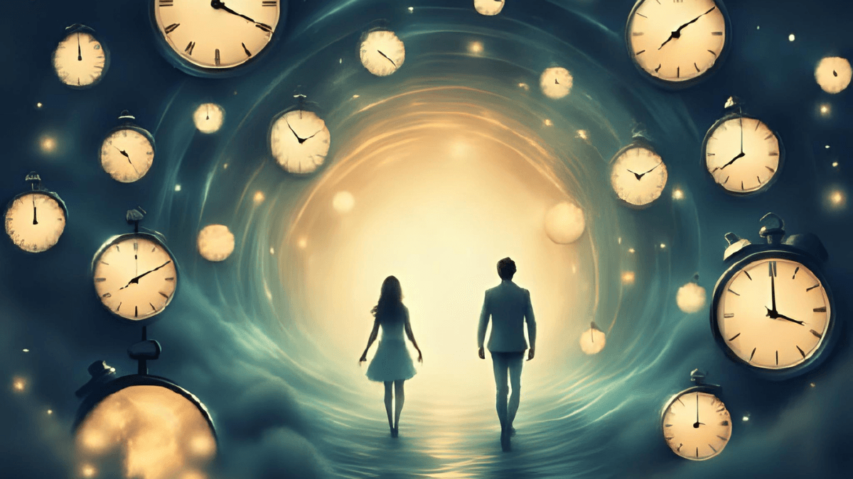 Stel wandelt samen door een tunnel vol klokken – symbool voor een relatie op de automatische piloot