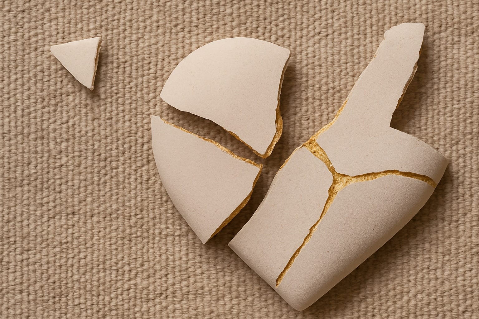 Gebroken keramieken hart met gouden kintsugi lijm op een neutrale achtergrond, symbool voor heling en transformatie tijdens The Heart RItual workshop.