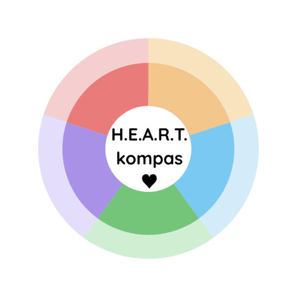 Afbeelding van het H.E.A.R.T. kompas waarbij alle vijf categorieën een eigen kleur hebben.